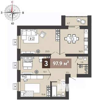 3-к квартира, сданный дом, 98м2, 16/17 этаж