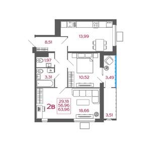 2-к квартира, вторичка, 64м2, 2/17 этаж