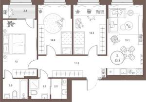 3-к квартира, вторичка, 84м2, 12/16 этаж