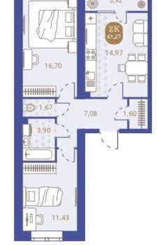 2-к квартира, вторичка, 61м2, 2/4 этаж