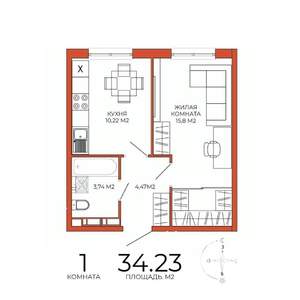 1-к квартира, строящийся дом, 34м2, 13/18 этаж