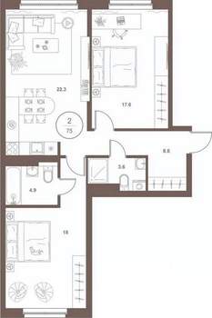 2-к квартира, вторичка, 74м2, 8/16 этаж