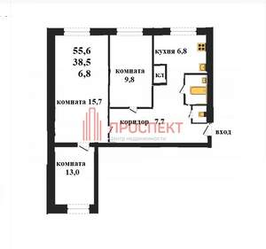 3-к квартира, вторичка, 56м2, 2/2 этаж