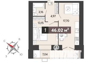 1-к квартира, вторичка, 46м2, 5/16 этаж