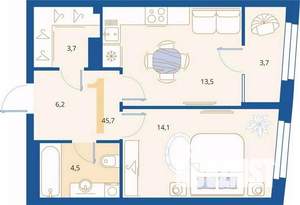 1-к квартира, вторичка, 46м2, 1/16 этаж