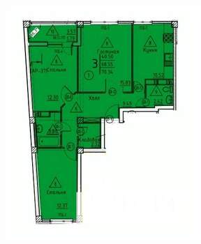 3-к квартира, строящийся дом, 70м2, 17/18 этаж