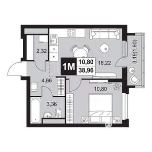 2-к квартира, вторичка, 39м2, 12/20 этаж