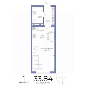 1-к квартира, строящийся дом, 34м2, 14/17 этаж