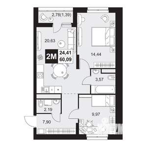 3-к квартира, вторичка, 60м2, 1/20 этаж