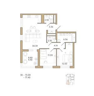 2-к квартира, вторичка, 77м2, 18/18 этаж