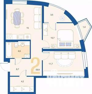 2-к квартира, вторичка, 60м2, 7/16 этаж