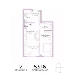 2-к квартира, строящийся дом, 53м2, 9/17 этаж