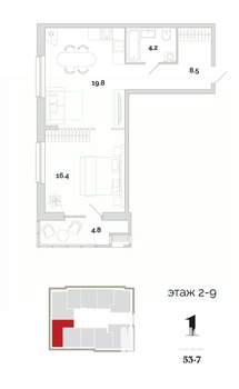 1-к квартира, вторичка, 54м2, 3/24 этаж