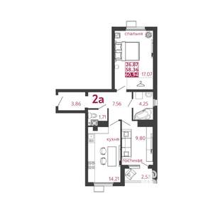 2-к квартира, вторичка, 61м2, 2/5 этаж