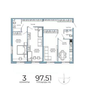 3-к квартира, строящийся дом, 98м2, 7/18 этаж