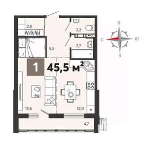 1-к квартира, строящийся дом, 46м2, 1/16 этаж