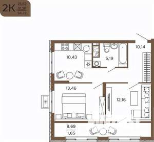 2-к квартира, вторичка, 56м2, 4/17 этаж