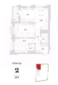 2-к квартира, вторичка, 79м2, 22/24 этаж