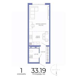 1-к квартира, строящийся дом, 33м2, 15/17 этаж