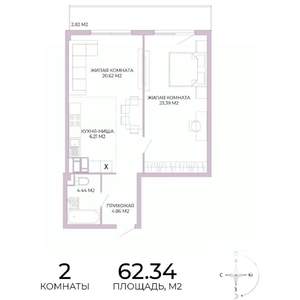 2-к квартира, вторичка, 62м2, 4/17 этаж