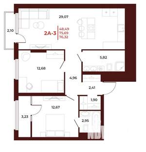 2-к квартира, вторичка, 76м2, 3/18 этаж