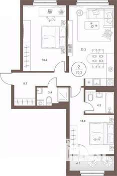 2-к квартира, вторичка, 75м2, 2/16 этаж