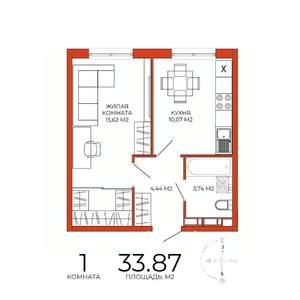 1-к квартира, строящийся дом, 34м2, 2/18 этаж
