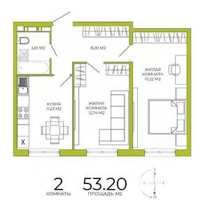 2-к квартира, строящийся дом, 53м2, 14/18 этаж