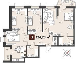 3-к квартира, вторичка, 124м2, 2/18 этаж