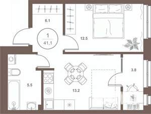 1-к квартира, вторичка, 41м2, 3/16 этаж