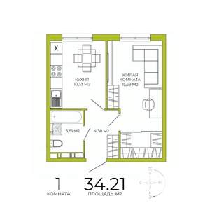 1-к квартира, строящийся дом, 34м2, 10/18 этаж