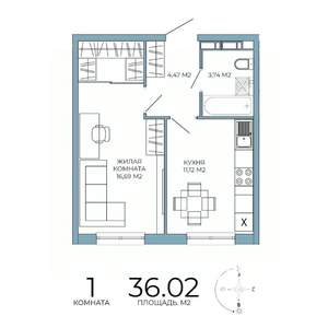 1-к квартира, строящийся дом, 36м2, 12/18 этаж