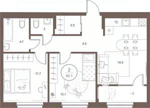 2-к квартира, вторичка, 62м2, 13/16 этаж