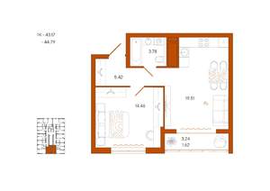1-к квартира, вторичка, 45м2, 3/18 этаж