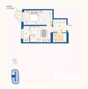 1-к квартира, вторичка, 43м2, 8/16 этаж