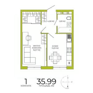 1-к квартира, строящийся дом, 36м2, 18/18 этаж