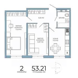 2-к квартира, строящийся дом, 53м2, 12/18 этаж