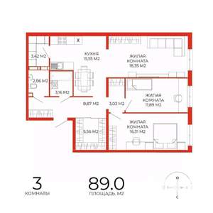 3-к квартира, строящийся дом, 89м2, 2/18 этаж