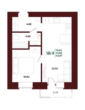 1-к квартира, вторичка, 43м2, 9/17 этаж