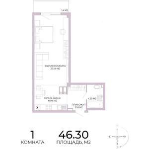 1-к квартира, строящийся дом, 46м2, 8/17 этаж
