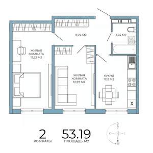 2-к квартира, строящийся дом, 53м2, 17/18 этаж