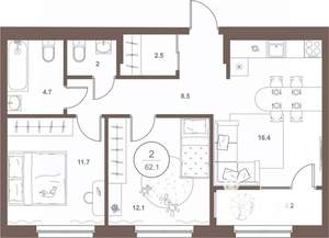 2-к квартира, вторичка, 62м2, 9/16 этаж