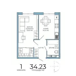 1-к квартира, строящийся дом, 34м2, 7/18 этаж