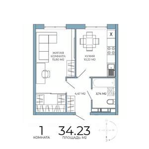 1-к квартира, строящийся дом, 34м2, 12/18 этаж