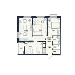3-к квартира, вторичка, 74м2, 11/17 этаж