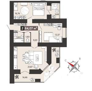 2-к квартира, вторичка, 84м2, 1/18 этаж
