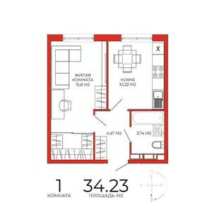 1-к квартира, вторичка, 34м2, 13/18 этаж
