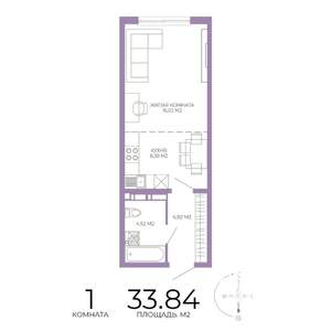 1-к квартира, строящийся дом, 34м2, 6/17 этаж