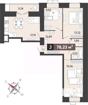 3-к квартира, строящийся дом, 78м2, 2/16 этаж