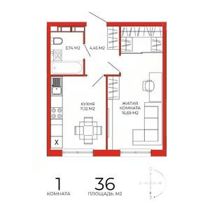 1-к квартира, строящийся дом, 36м2, 14/18 этаж